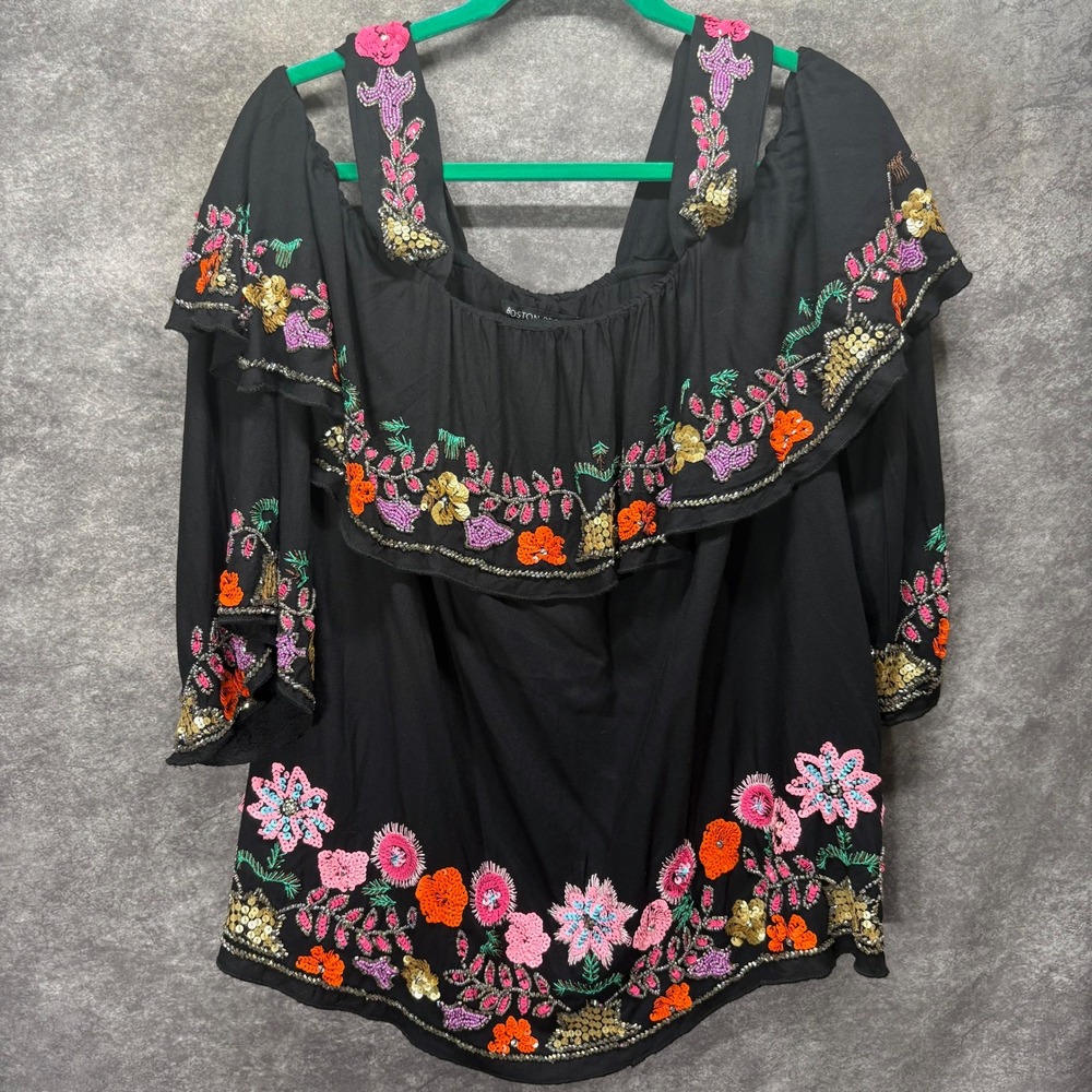 Boston Proper Floral Sequin Cold Shoulder Ruffle Blouse Top Sz M Lolita Festival